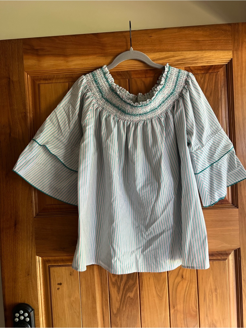 grand & greene White Blouse with Teal Pinstripes
